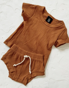 Ribbed Shirt and Shortie Set- Rust
